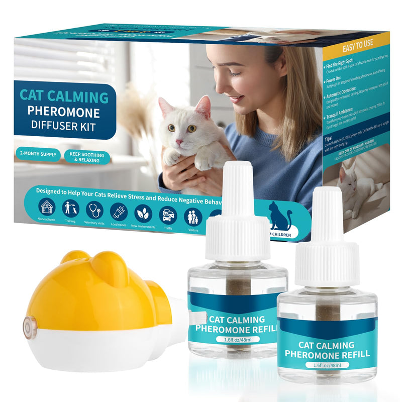 3-in-1 Cat Calming Diffuser, Cat Pheromones Calming Diffuser for Cat Anxiety Relief, Cat Pheromone Diffuser with 1 Diffuser + 2 Refills 48ml Vial, 60 Days Pheromone Diffuser to Calm Cats & Multi-cat 1 Diffuser, 2 Refills