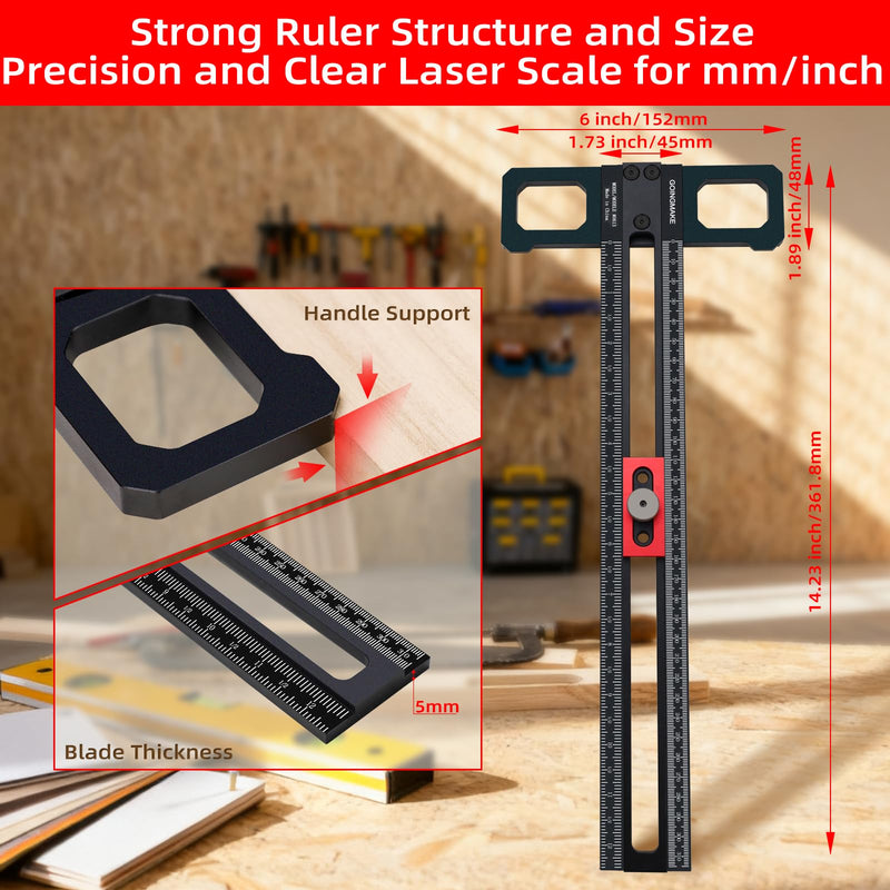 GOINGMAKE Woodworking Scriber Marking Line Ruler with Pencil and Precision Sliding Guide, Adjustable Aluminum Alloy Sliding T-Square Ruler, Precision Line Drawing Aid T Ruler, 12 Inch Carpenter Square