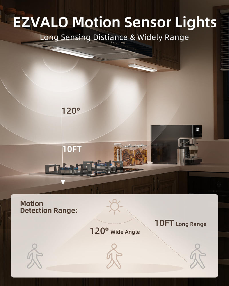 EZVALO Under Cabinet Lighting,98-LED Motion Sensor Light Indoor 3 Color Temps,1900mAh Rechargeable Closet Lights Wireless, Dimmer Battery Powered Operated Lights for Bedroom,Wardrobe,Stairs (2 Pack) Silver 11.81in-2 Pack