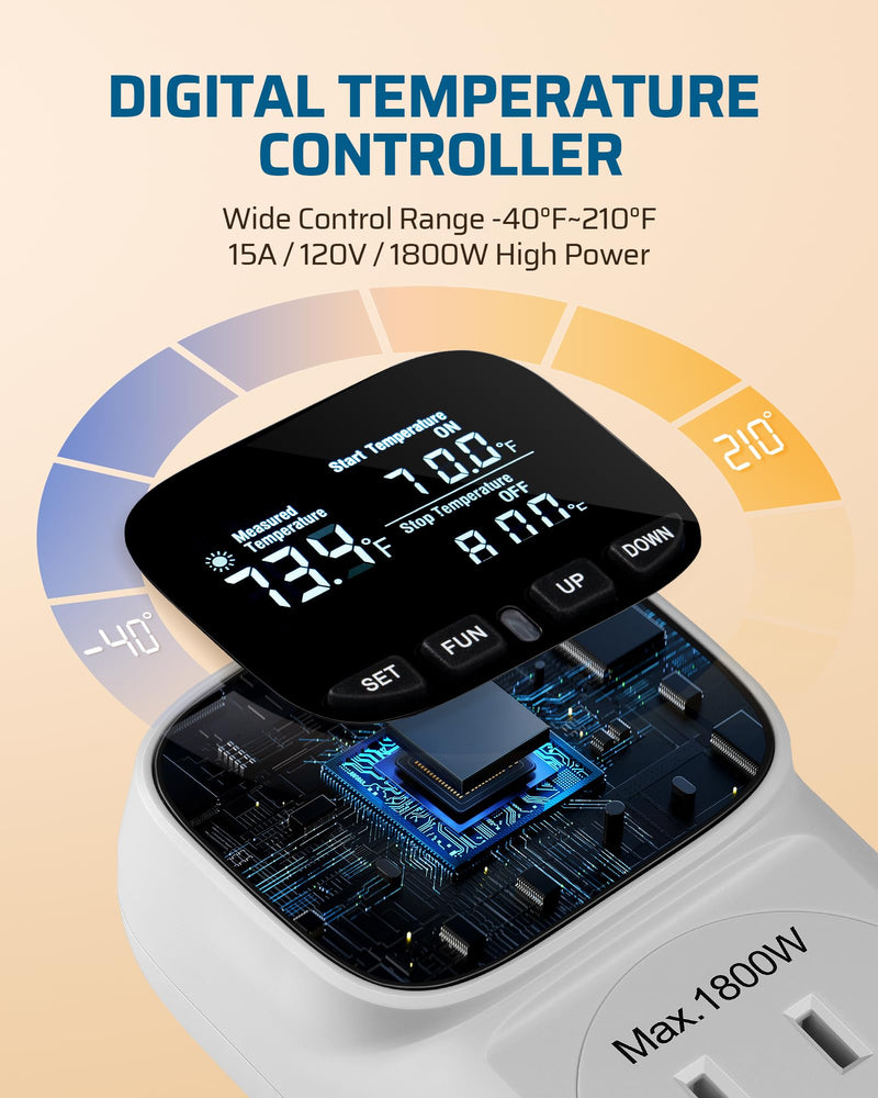 DEWENWILS Digital Temperature Controller, Heavy Duty 15A/1800W Thermostat Outlet Plug, VA Display Heating Cooling Control Timer, -40℉~210℉, Cyclic Timing/Countdown, for Greenhouse Incubator Homebrew White