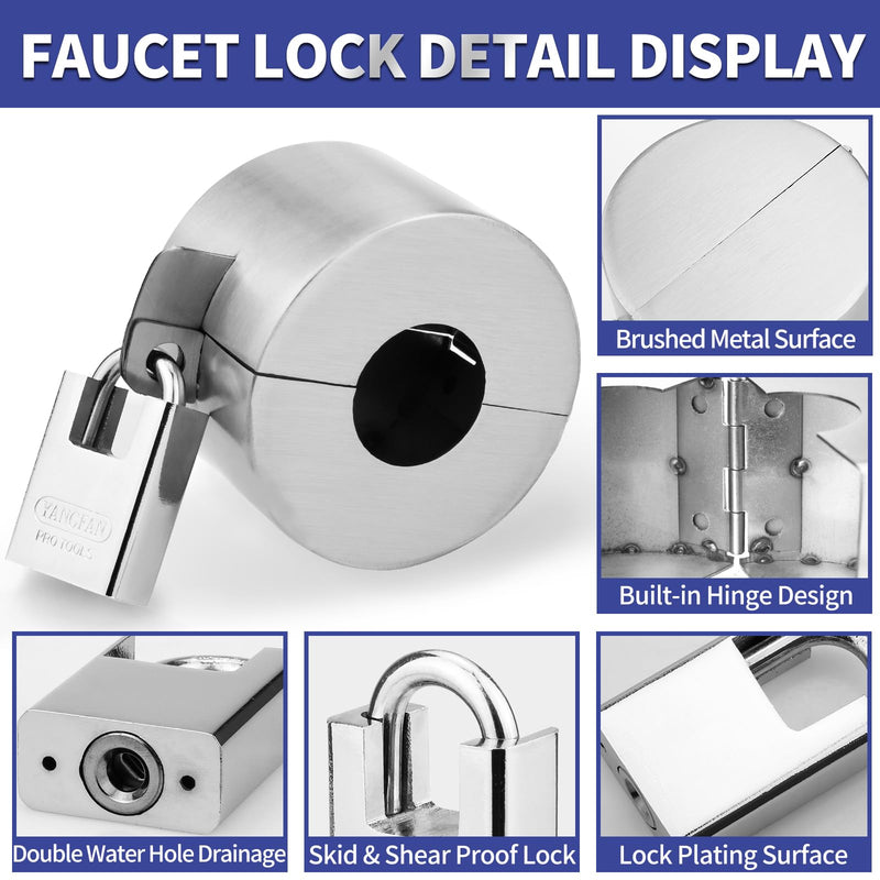 Outdoor Faucet Lock, Stainless Steel Water Hose Spigot Lock Cover with Padlock for 1-1/2 to 3 Inch Valve Handles to Prevent Outdoor Water Theft and Unauthorized Use