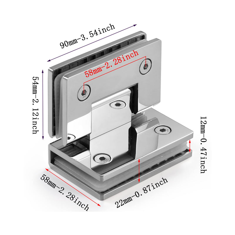 Ranbo 90 Degree Shower Glass Door Hinge, Polished Chrome, 1 Pack | solid 5mm-thick 304 stainless steel, glass to glass mount, for 5/16"-1/2" (8mm-12mm) thick frameless doors