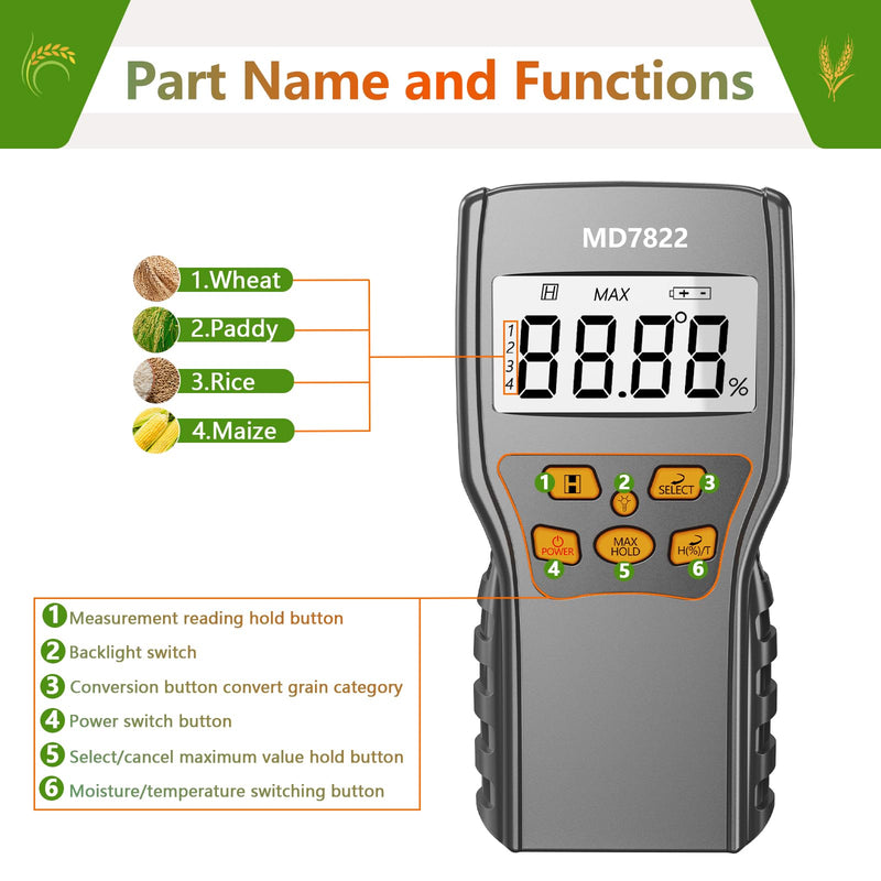 Grain Moisture Meter Precise & Fast Measurements Grain Moisture Tester with Probe, Moisture Meter Probe for Mazie, Wheat, Corn, Paddy and Rice