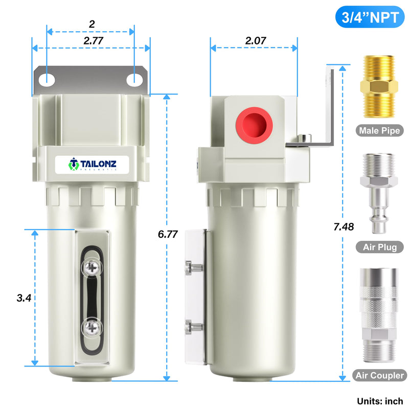 TAILONZ PNEUMATIC 3/4" NPT Industrial Compressed Air Desiccant Dryer, Used for Dry Air, Compressed Air, Water Separator, Plasma Cutting Machine and Other Metal Bowl with Activated Carbon Bag 3/4" NPT/Carbon Filter