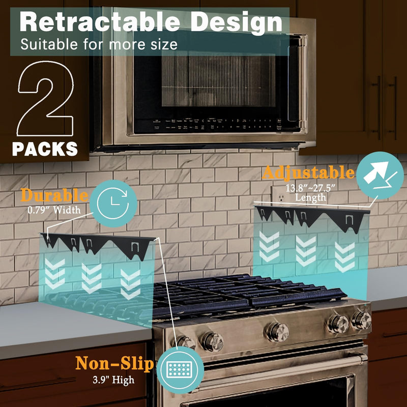 Stove Gap Covers Stainless Steel, 2 Pack Stove Gap Filler Easy Retractable Length 13.8" to 27.5", Width 0.79" ALMCALS Stove Gap Guards Range Trim Kit, Heat Resistant Guard Between Stove Top & Counter Black