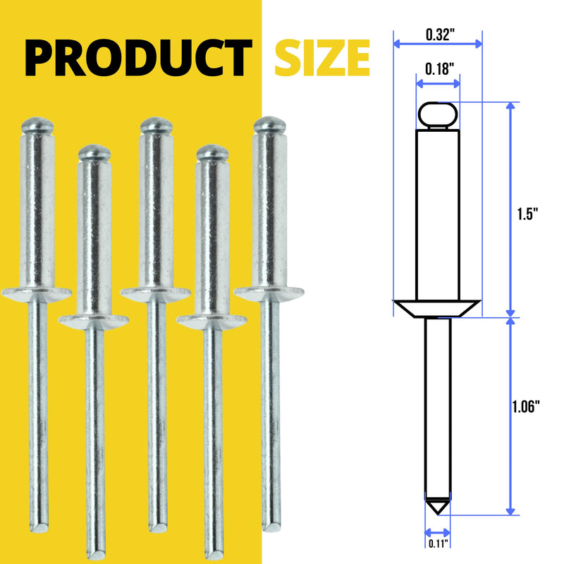 100PCS Large Flange Aluminum Pop Rivets 3/16" x 1/2" Dome Body Blind Rivet Set for Sheet Steel Duct Work Marine Long Mandrel with Big Head Steel Mandrel Aluminum Boat 3/16 x 1/2 Inch