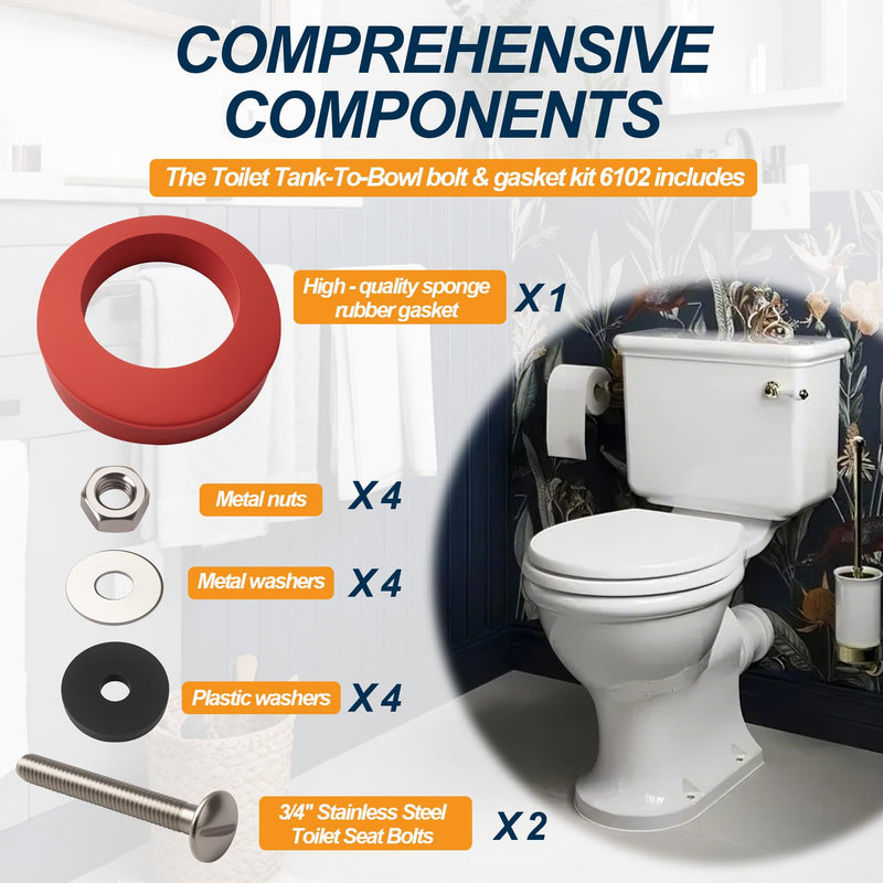 6102 Toilet tank to bowl bolt & gasket kit fit for Fluidmaster tank and Most Toilets, Sponge Rubber Gasket Fits Most Close-Coupled Toilets With Both Round And Hex Shaped Flush Valve Nuts