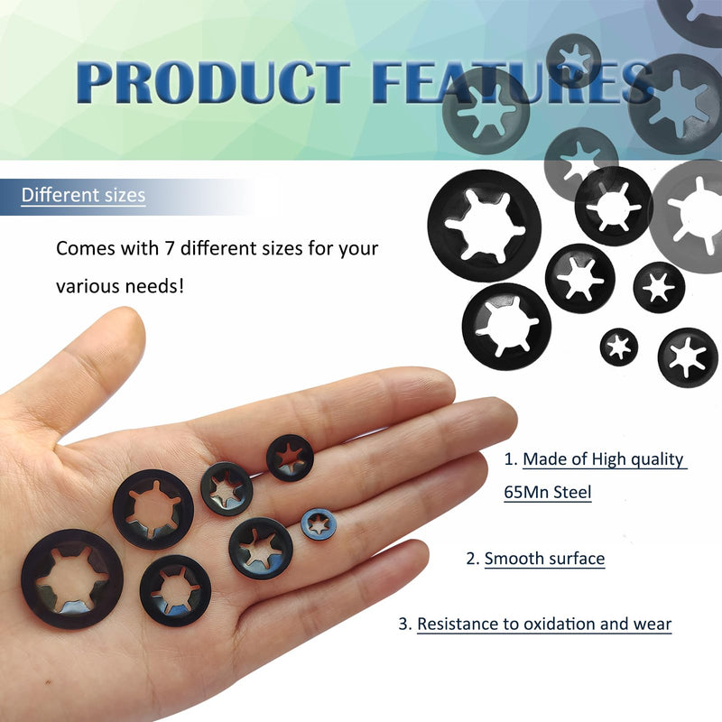 350 Pcs Internal Tooth Starlock Locking Washers, Push On Speed Clips Fasteners Washers Assortment Kit, Quick Speed 65Mn Black Clips Lock Washers GL014 - M3/M4/M5/M6/M8/M10/M12