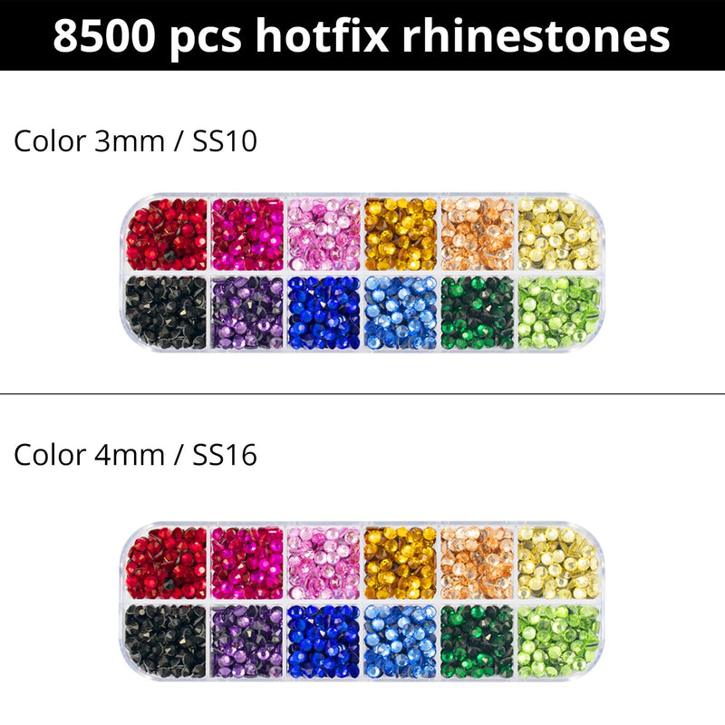 Hot Fix Applicator Tool Kit with 8500 Rhinestones for Blinging Clothes, Fabric, Clothing, Leather, Hotfix Bedazzler Kit with 6 Tips, Stand, Gift Box, Manual, Glove, Stencils, Tray, Tweezers, Picker Hotfix tool + 8500 hotfix gems + Box