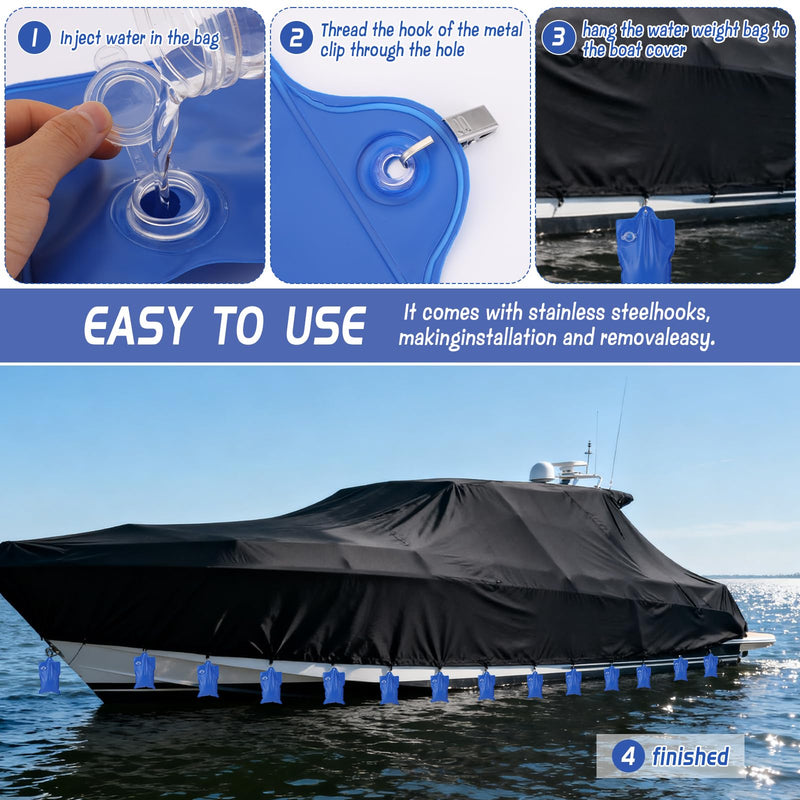12 Pcs Boat Cover Weights with Holder Clips, Thick PVC Marine Grade Weights Water Bags for Boat Mooring Above Ground Swimming Pool Car RV Cover