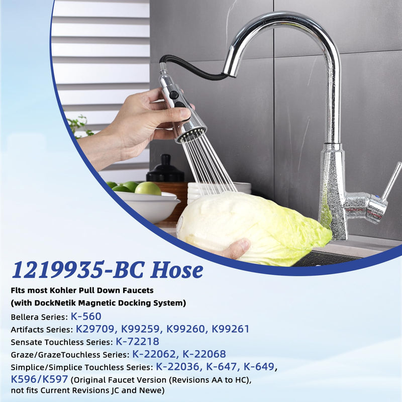 Hygie Rinse K-1219935-BC Hose Kit Compatible with Kohler Pull Down Kitchen Faucet, 68 Inches Bright Chrome Pull-Out Kitchen Faucet Hose Replacement Part of K-1304674-BC, with 4 Adapters facuet hose + adapter