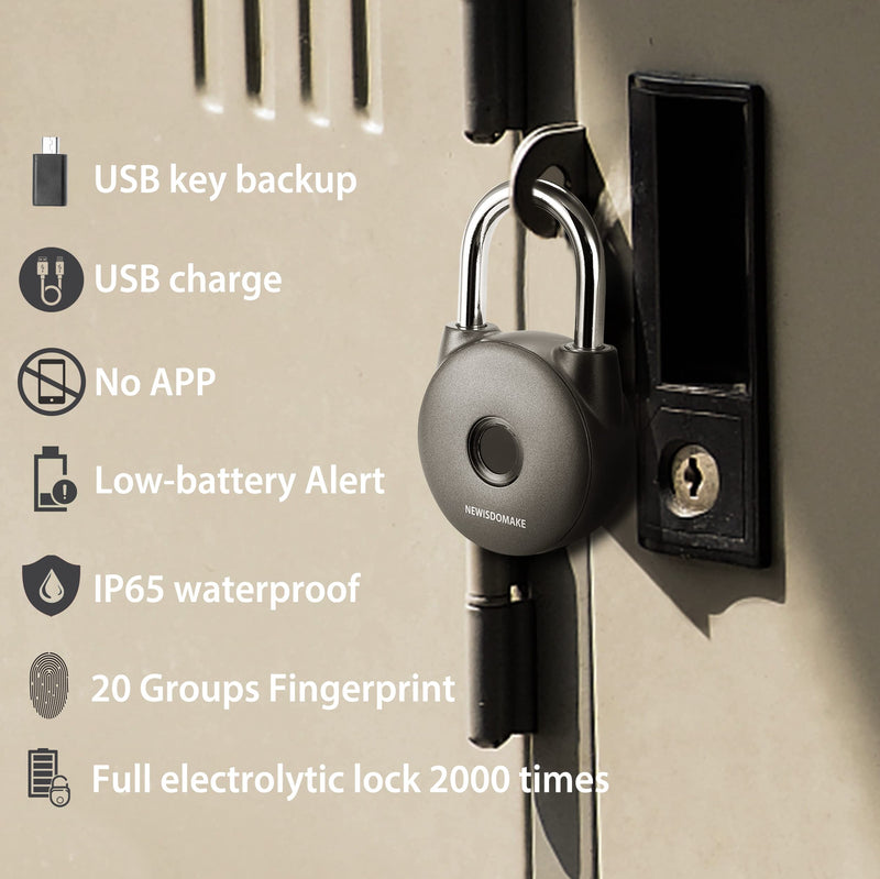 Fingerprint Padlock, Smart Lock with Key Backup, Waterproof for Gym, Luggage, Bookcase, Suitcase, Backpack, Bike, School Locker (Gray)