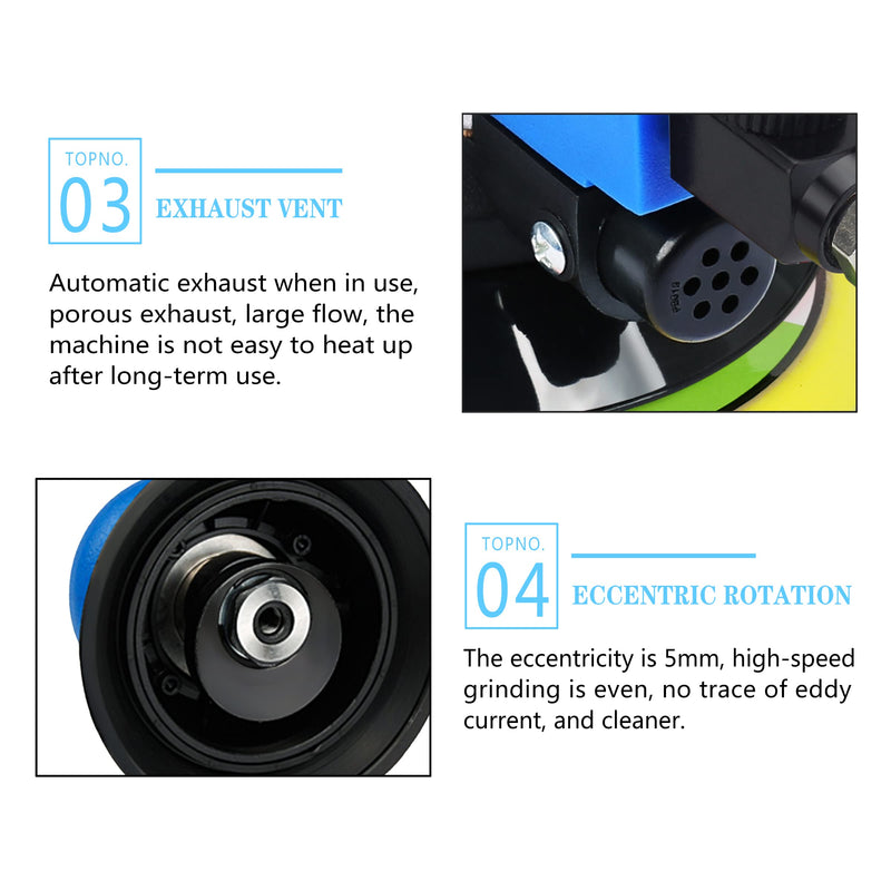 Ouya Air Powered Random Orbit Sanders Dual Action Pneumatic Palm Sander with 1pc 6-inch Backing Plate and 9pcs Sandpapers 6 inch