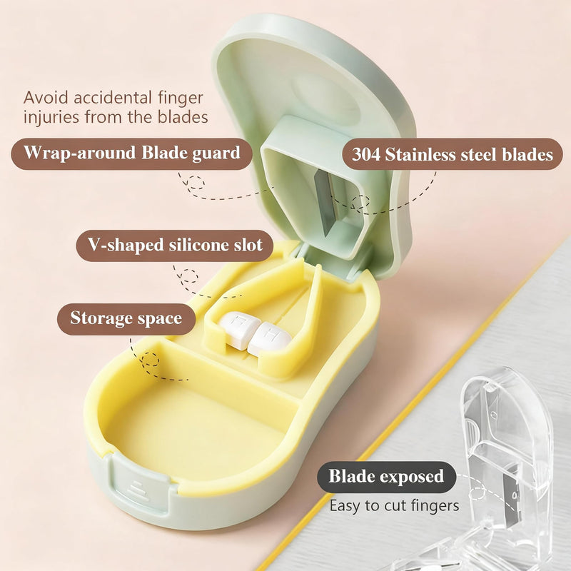 Pill Cutter Splitter for Small and Tiny Pills - Premium Silicone Precision Pill Splitter - Designed for Swallowing Difficulties & Pets. Nonslip Pad. Wrap-Around Blade Guard. Back Storage (White) White