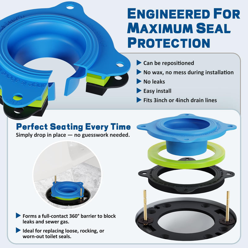 NEEXAN Toilet Wax Ring Replacement Kit with Brass Bolts and Caps, Fits 3-4 | Elastic Wax, Seals Toilet Base, For Standard Bathrooms, Includes Bolt Caps. Blue