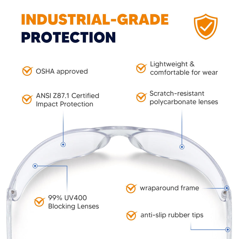 Clear Safety Glasses 24pk, Protective Eyewear UV Protection ANSI Z87.1, Safety Goggles Scratch& Impact Resistant Eye Protection for Men Women Work Construction Lab Clear& Blue Frame Clear Lens/Blue Tips 24pack