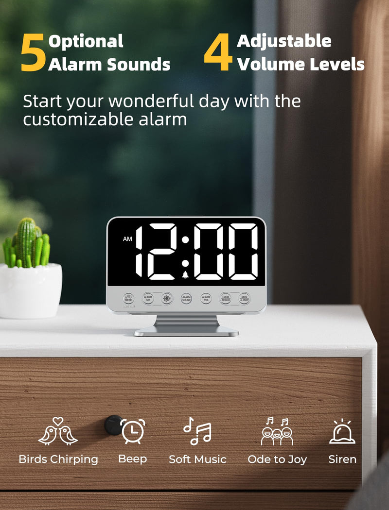Digital Alarm Clocks for Bedrooms: Large Bold Number 5 Brightness Dimmer - Easy to Read Across The Room - 5 Alarm Sound 8 Night Light - Silver Silver - White Digits