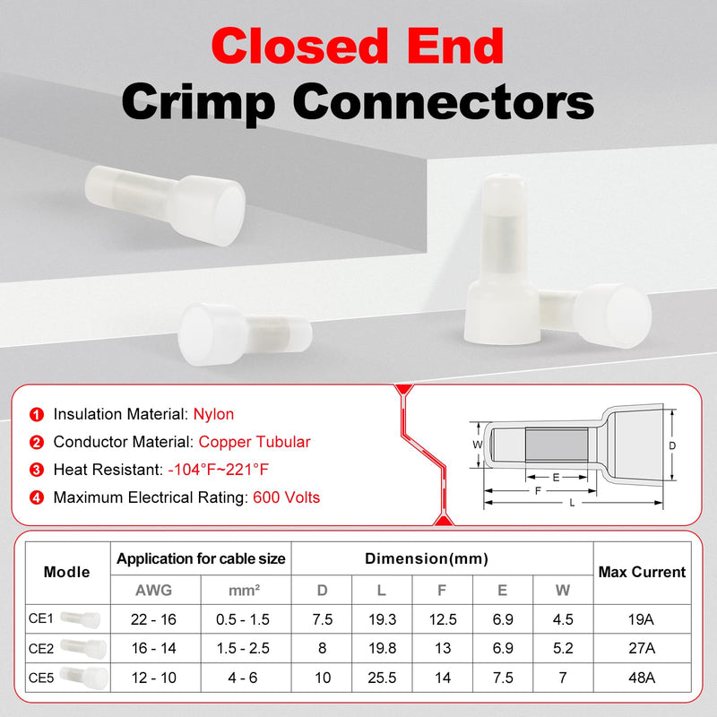 AIRIC Closed End Crimp Connectors 22-16 AWG 100 Pcs Wire Splice Caps Electrical Connector Terminals Copper Core and Nylon Wiring Cap Crimps Terminal for 22,20,18,16 Gauge Wires,(CE1) 22-16 AWG(CE1)