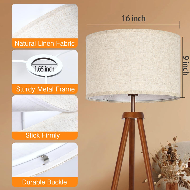 OUTON Drum Lamp Shades for Floor Lamps, 16" Top x16 "Bottom x 9" High, Easy to Assemble, Replacement Linen Lampshades for Table Lamps & Bedside Lamps (1.65" Spider) 16 Inch+Beige Shade