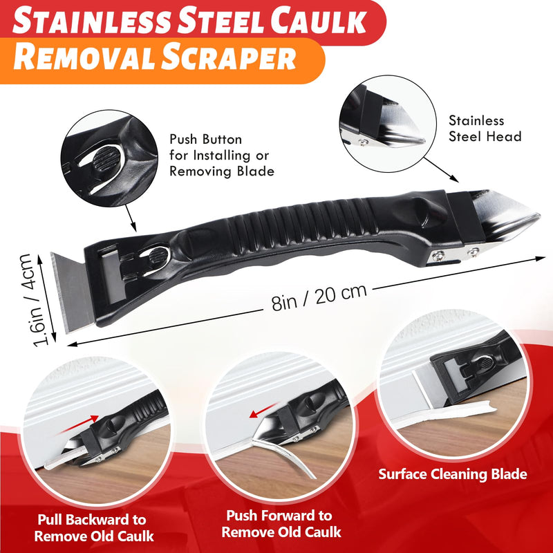 Silicone Caulking Tool Kit, Caulk Remover Tool, Putty Knife Scraper, 3 Glass Glue Corner Scrapers, Grout Removal Tool with Stainless Steel Head for Kitchen Bathroom and Window