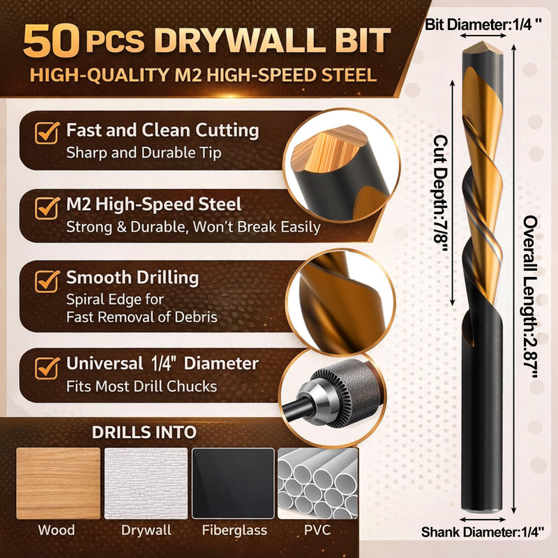 Tondiamo 50 Pcs Drywall Cut Out Bit 1/4 Inch Guide Point Cutting Router Bits Tools for Use with Spiral Saw