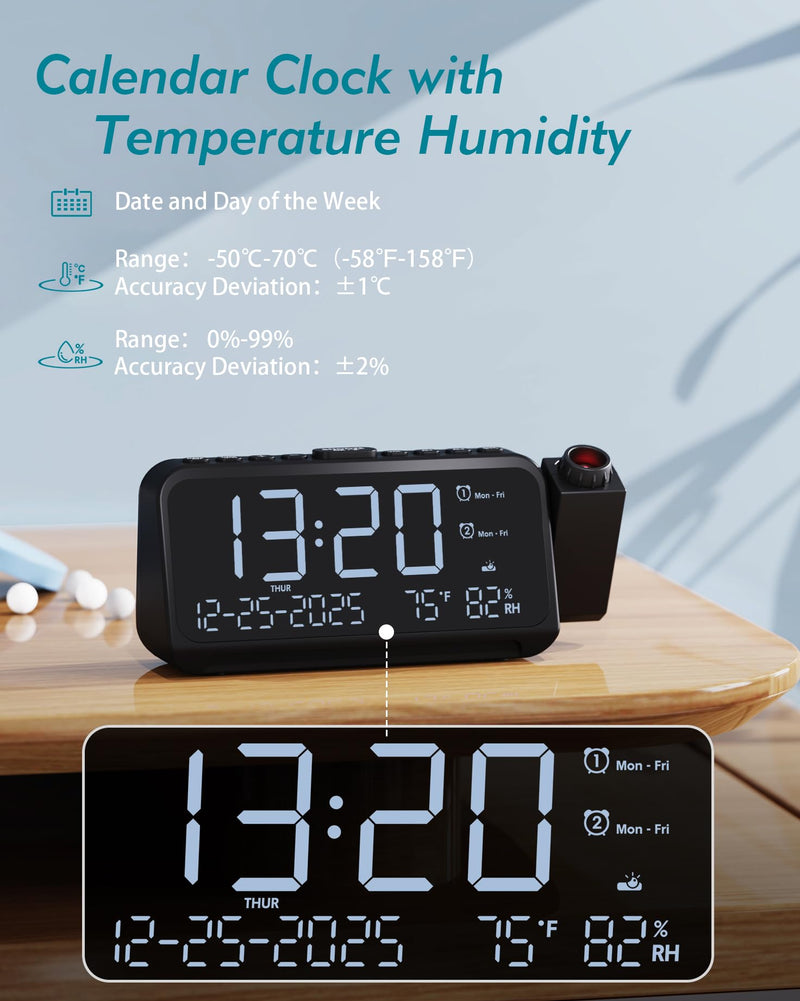 Roxicosly Projection Alarm Clock for Bedroom Ceiling, 118 dB Super Loud for Heavy Sleepers, Dual Alarm with Weekday/Weekend, Adjustable Volume, 6.7" Large Digital Dimmable Display, Easy to Read White Digit+red Projection
