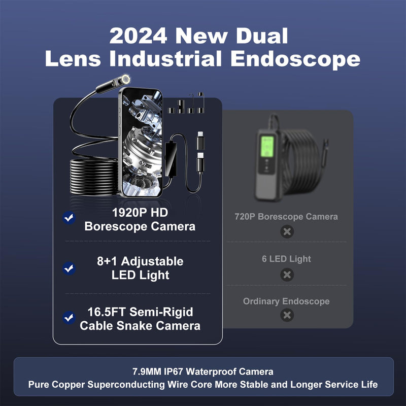 Dual Lens Industrial Endoscope, 1920p Borescope Camera with 8+1 Adjustable Led Light, Endoscope with 16.5ft Semi-Rigid Cable Snake Camera/ 7.9mm Ip67 Waterproof Camera for iPhone, Ipad, Samsung Black