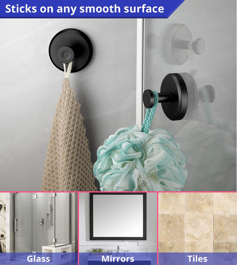HOME SO Suction Cup Hooks for Shower, Bathroom, Kitchen, Glass Door, Mirror, Tile – Loofah, Towel, Coat, Bath Robe Hook Holder for Hanging up to 15 lbs – Waterproof & Rustproof, Matte Black (2-Pack) 2