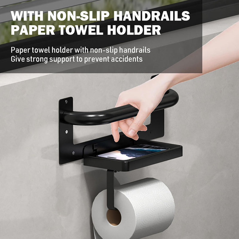 Black Toilet Paper Holder with Assist Bar Toilet Grab Bar Stainless Steel - Assistance Handle with Toilet Roll Holder and Shelf Wall Mounted Grab Bars with Toilet Paper Holder for Elderly Seniors