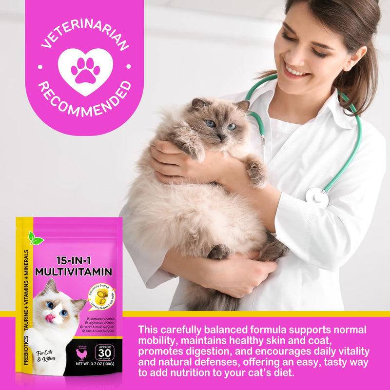 Cat Vitamins Chews, 15 in 1 Cat Multivitamin Treats for Health, Immune, Joint Support, Skin & Coat, & Digestion, Vitamins with Taurine, Omega-3s & Probiotics, Chicken (30 Day Supply) 1PCS