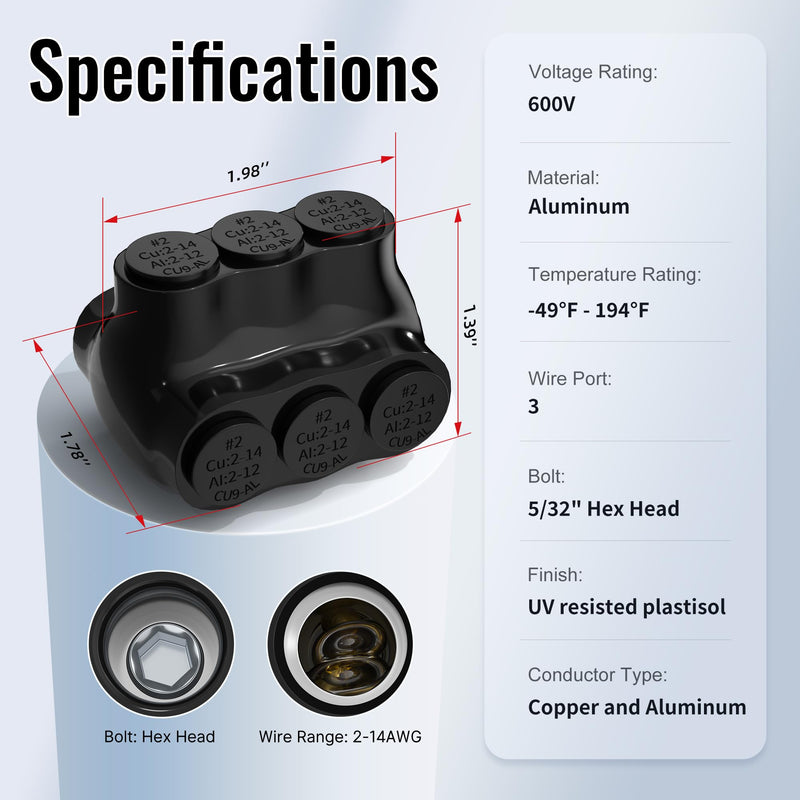 Insulated Multi Tap Connector 3 Port Dual Entry Aluminum Wire Connector 2-14 AWG Black Cable Connectors 5/32" Slotted Allen Hex - 6 Pack Dual Entry 3 Port 2-14 AWG