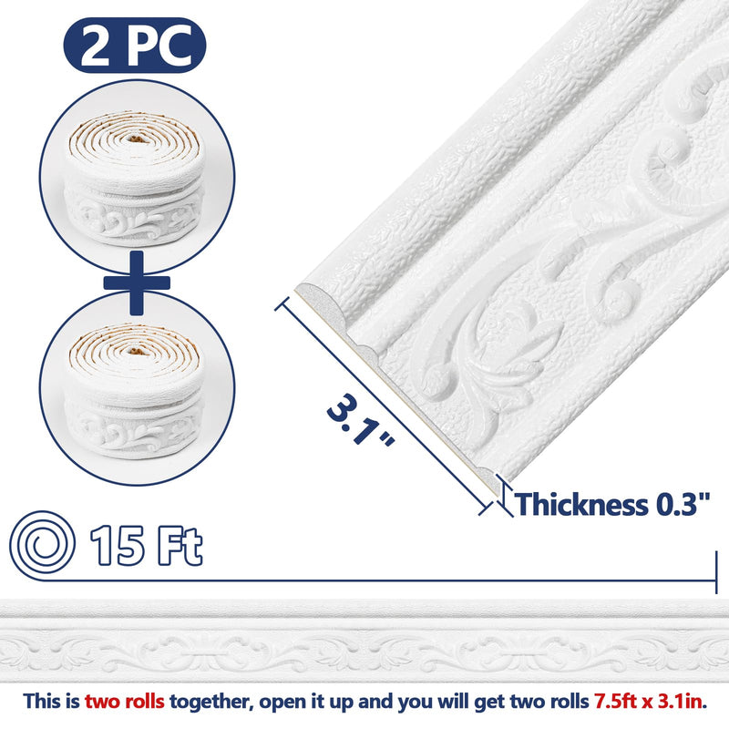 Wallpaper Border 180" x 3.1" Peel Stick Foam Molding Trim Self Adhesive, Crown Molding Wallpaper Border Flexible, 3D Wall Edging Lines Foam Baseboard, Wall Base Moulding Trim for Home DIY Decoration White 3.1" x 180"