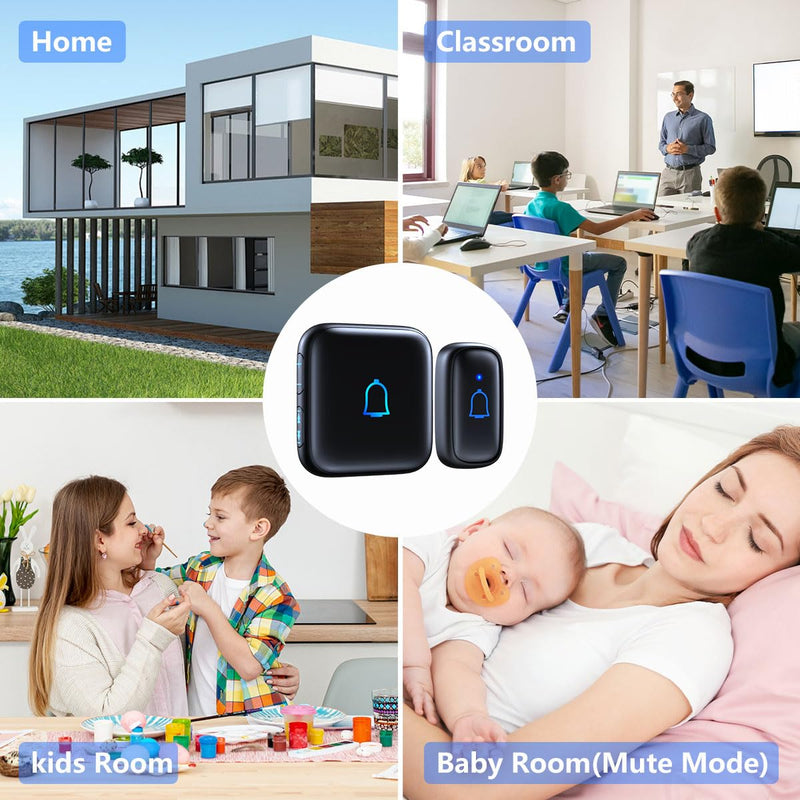 Doorbell Wireless Doorbell IP66 Waterproof 1000 Feet with 56 Chimes 115dB 7 volume levels Mute Mode & LED Flash Doorbell Ringer Wireless for Kids Room Teachers Classroom Home Office & Hearing-Impaired Mini Black