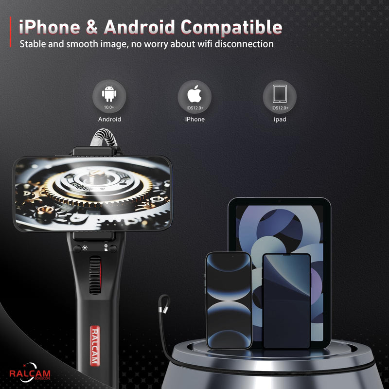 Ralcam Two-Way 210° Articulating Borescope Compatible with iPhone & Android | 6.2mm Slim Probe USB-C Flexible Endoscope Inspection Camera for Engine, Pipe & HVAC Inspection