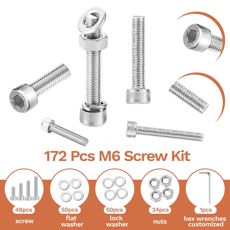 172 Pcs M6 Screws Assortment Kit, M6x 8/10/12/16/20/25/30/35mm M6 Bolts Kit, 304 Stainless Steel Hex Socket Head Screws Nuts Bolts and Washers Set F M6x8mm-35mm 172Pcs