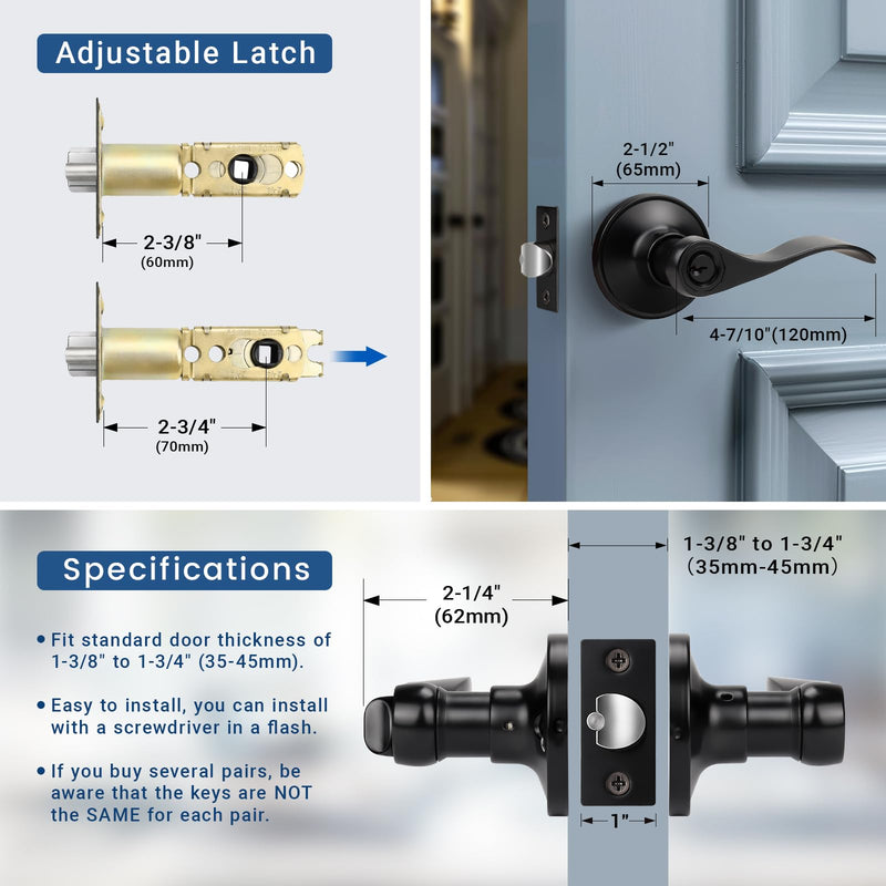 Knobonly 2 Pack Keyed Bathroom/Bedroom Door Lock, Matte Black Front Door Handle, Exterior Door Handle, Different Key for Each Pack, Zinc Alloy Entry