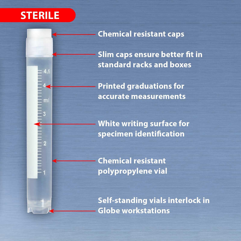 Globe Scientific CryoClear 3015-50 Polypropylene Barcoded Cryogenic Vial, 5mL Capacity, Sterile, External Threads, Attached Screwcap with Molded O-Ring, Round Bottom, Self-Standing (Case of 50)