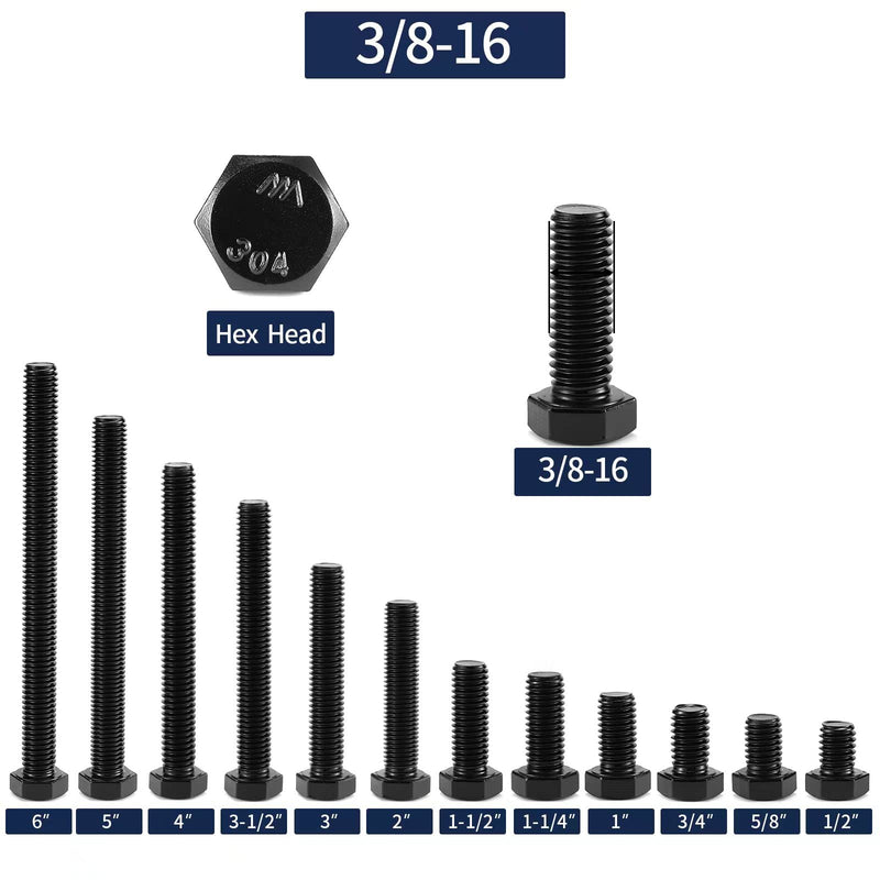 3/8-16 x 1 Inch Hex Head Screw Bolt, 20Pcs 18-8 (304) Stainless Steel, Fully Threaded,Black Oxide by SG TZH 20 3/8-16 x 1"