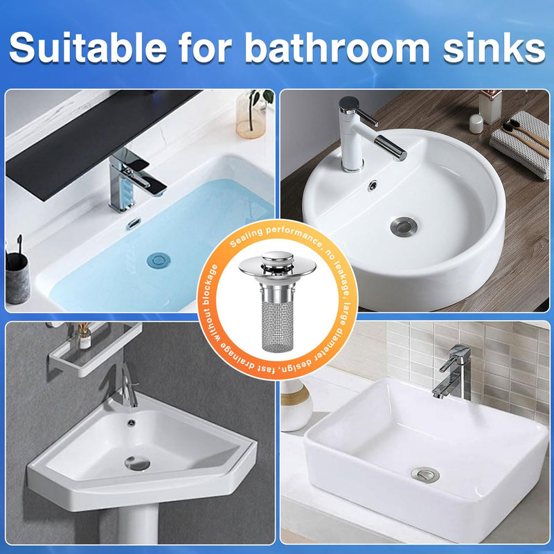 Bathroom Sink Stopper Hair Catcher, Pop-up Sink Drain Strainer with Removable Stainless Steel Strainer Basket Hair Catcher, Bathroom Sink Strainer for Bathroom Sink Stopper Replacement. (2PCS) 2pcs