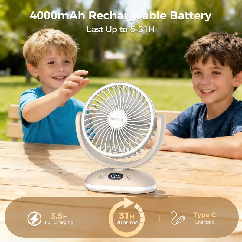 TriPole Desk Fan Small Quiet, Rechargeable Mini Portable Fan with LED Light Beige