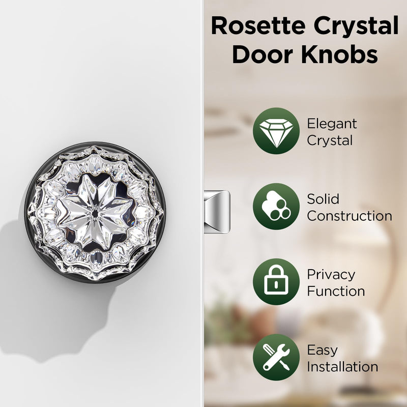 1 Pack Crystal Door Knob, Rosette Shaped Glass Door Knobs Interior with Lock, Matte Black Door Knobs Interior Glass 1