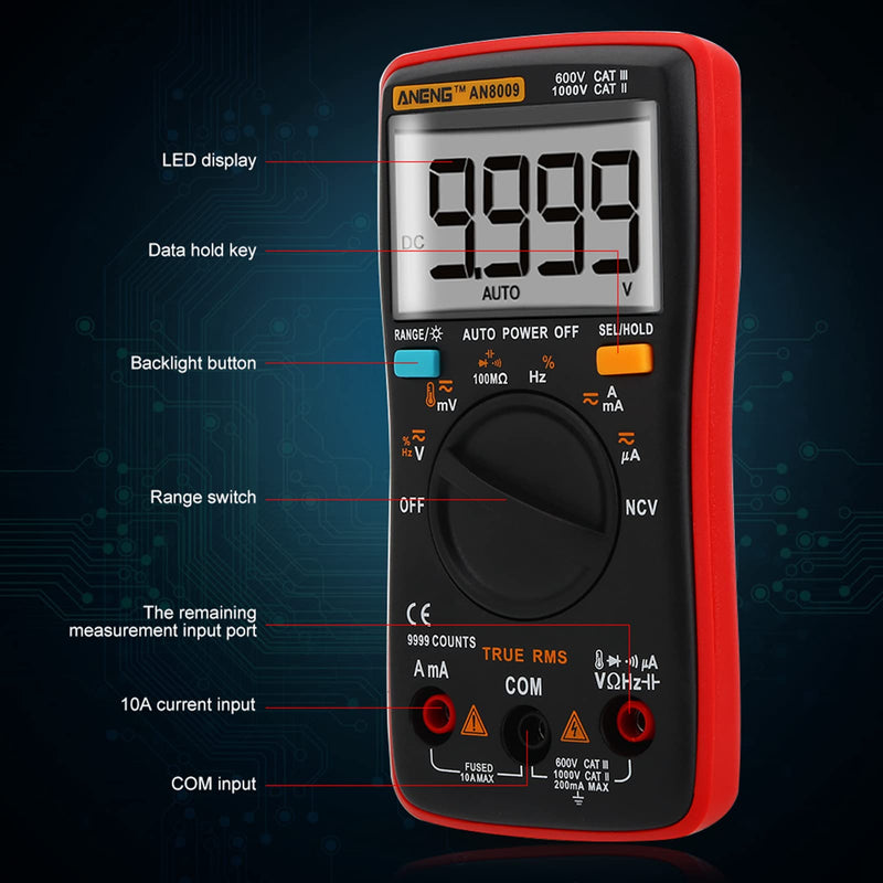 Jeanoko Handheld Digital Multimeter AN8009 9999 Counts Digital Multimeter True RMS AC/DC Voltage Electronic Meter