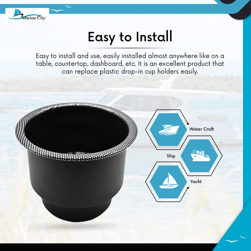 MARINE CITY Stainless Steel Cup Holder – Black Carbon Fiber Print, Marine Grade, Center Drain Hole – for Boat, Yacht, Ship, Kayak, Poker Table & Countertop (1 Pack)