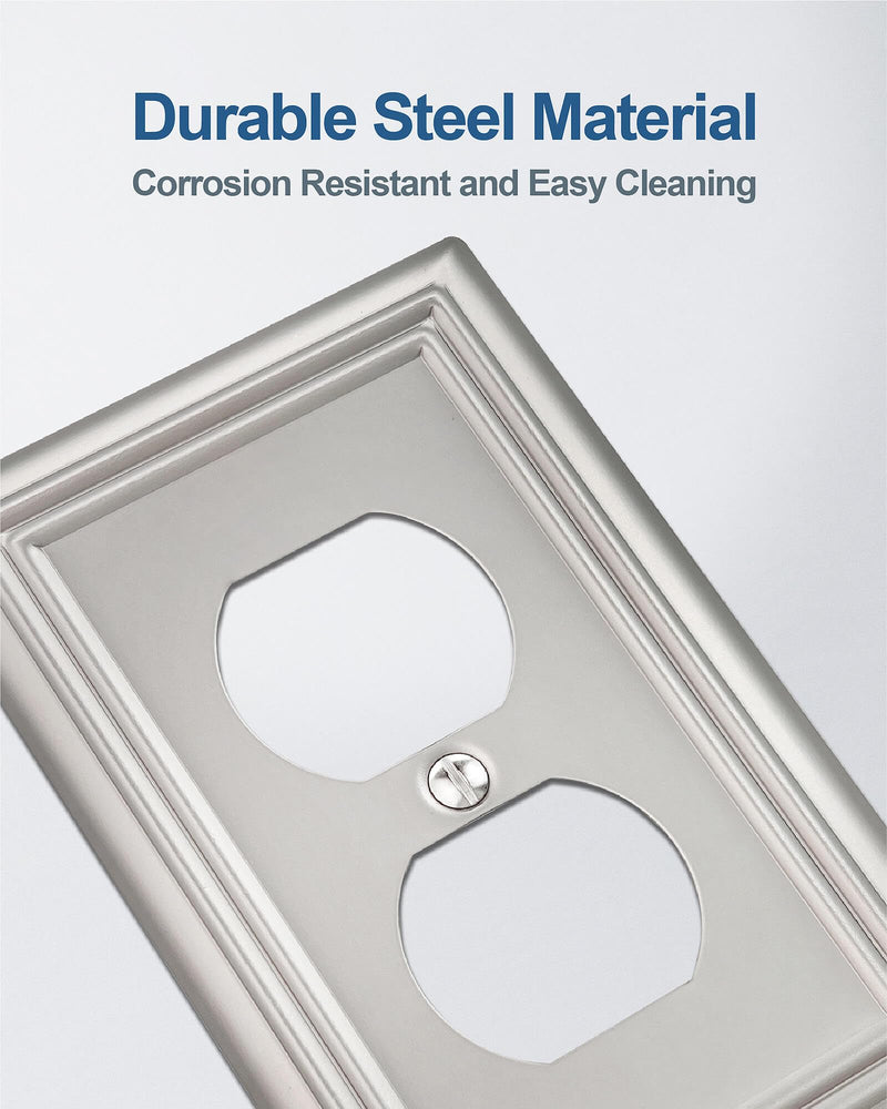 6-Pack Duplex Wall Plate, Decorative Satin Nickel Outlet Cover, Metal Wall Plates for Electrical Outlets, 3.15''*4.88'', Midsize 1 Duplex 6PK