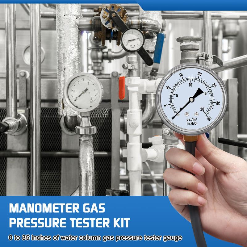 Boltigen Manometer Gas Pressure Tester, Natural Gas or LP Gas Manifold Pressure Test Kit with Gauge 0-35'' W.C, 1/8'' NPT, 1/4'' NPT Barb Fitting LP Gas Pressure Tester, 40'' Hose