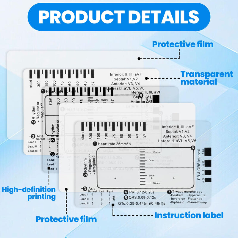 3pcs ECG 7 Step Ruler, Transparent EKG Calipers Ruler, Electrocardiogram Card Portable Plastic Measuring Tool for EKG Interpretation