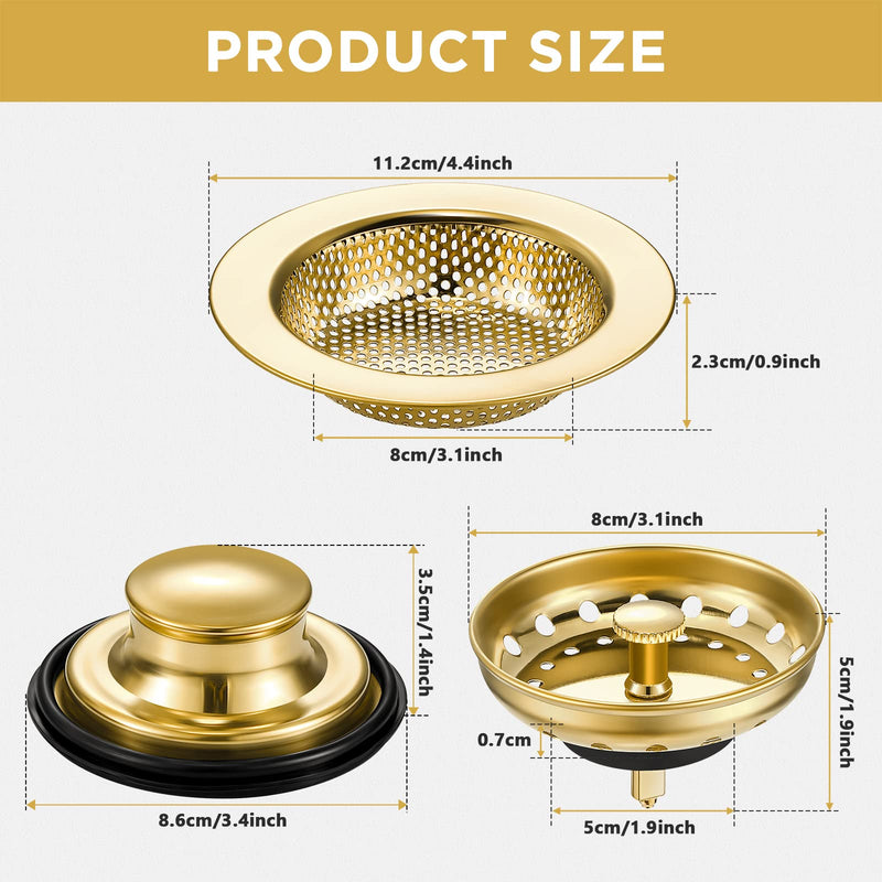 Mudder 3 Pcs Kitchen Sink Drain Strainer and Stopper Stainless Steel Garbage Disposal Plug with Handle Universal Anti-Clogging Kitchen Sink Filter Sieve Basket Strainer(Light Gold) Light Gold