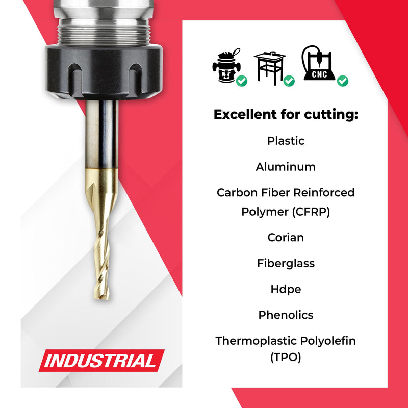 Amana Tool CNC Solid Carbide Up-Spiral Router Bit for Composite, Fiberglass, Phenolic, ZrN Coated, 46040, 1/8 Dia x 1/2 x 1/4 Shank x 2 Inch Long