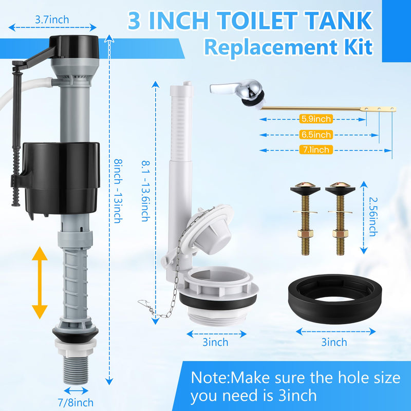 Saillong 3 Inch Toilet Flusher Replacement Kit, Include 3 Inch Adjustable Flush Valve with Flapper, Fill Valve, Front Flush Handle, Rubber Gasket, Bolts, Complete Toilet Parts Inside Tank Kit(1 Pack) 1