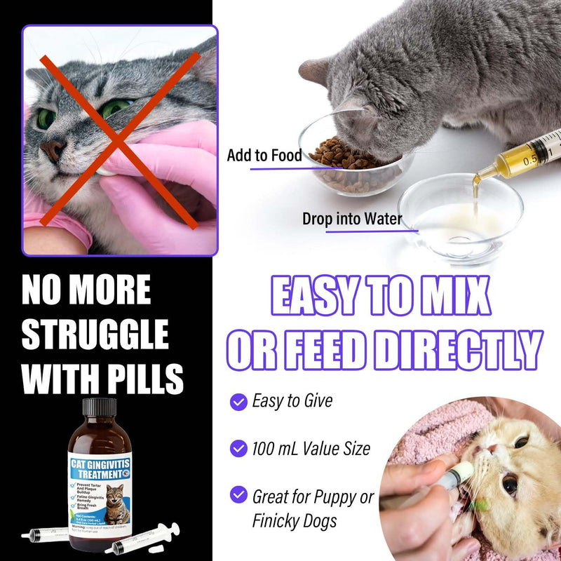 Cat Gingivitis Treatment Liquid 100ml - Cats Dental Care Clean Teeth & Gums, Eliminate Bad Breath, Natural Extracts Lessen Tartar & Plaque, Include 3 ml Dropper with Cap